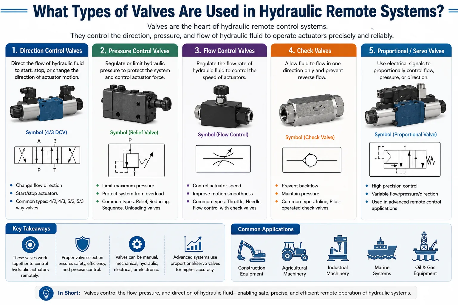 Hydraulic remote control system valve guide comparing directional control, pressure control, flow control, check, and proportional servo valves for industrial hydraulic applications.