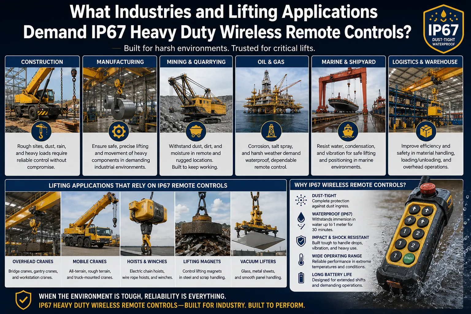 IP67 heavy duty wireless remote controls for cranes, hoists, mining, construction, marine, and industrial lifting applications