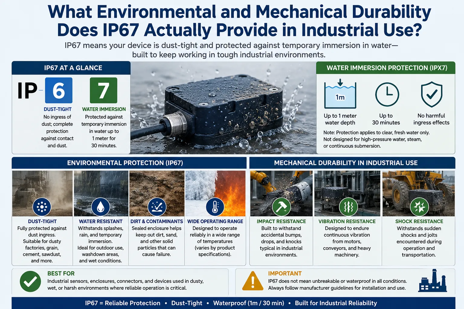 IP67 industrial protection rating infographic showing dust-tight sealing, 1 meter water immersion resistance, and mechanical durability in harsh environments