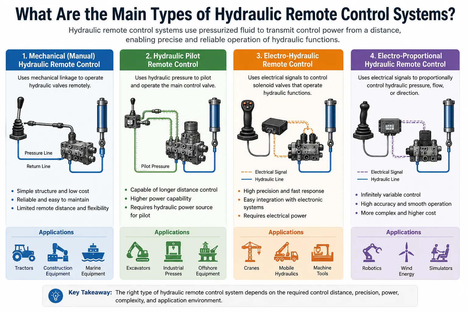 Hydraulic remote control systems comparison showing mechanical, hydraulic pilot, electro-hydraulic, and electro-proportional control types for industrial machinery and equipment.