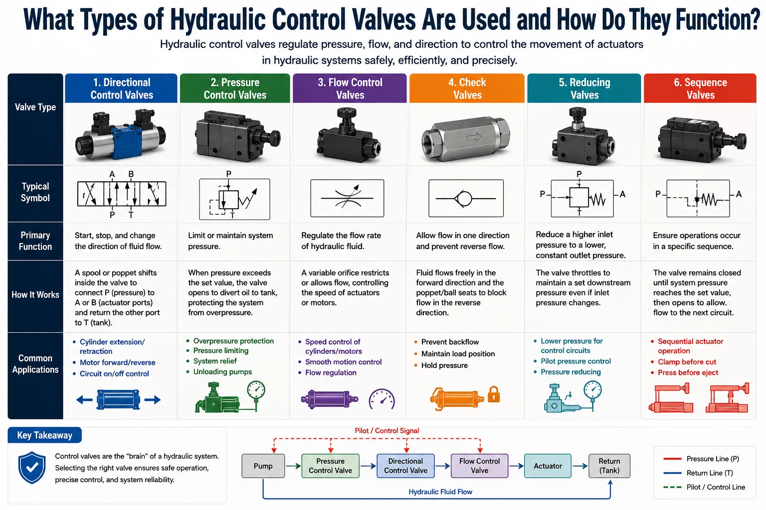Hydraulic control valves guide showing directional control valves, pressure control valves, flow control valves, check valves, reducing valves, and sequence valves with their functions and industrial applications.