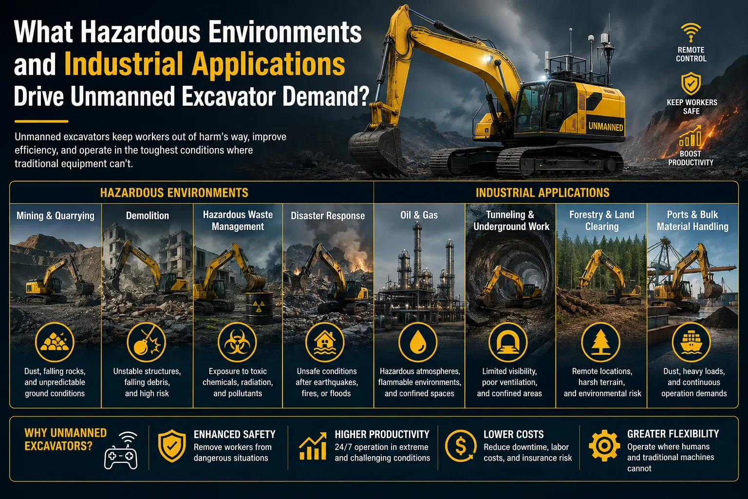 Unmanned excavator applications in hazardous environments including mining, demolition, oil and gas, tunneling, disaster response, and hazardous waste management with remote control technology.