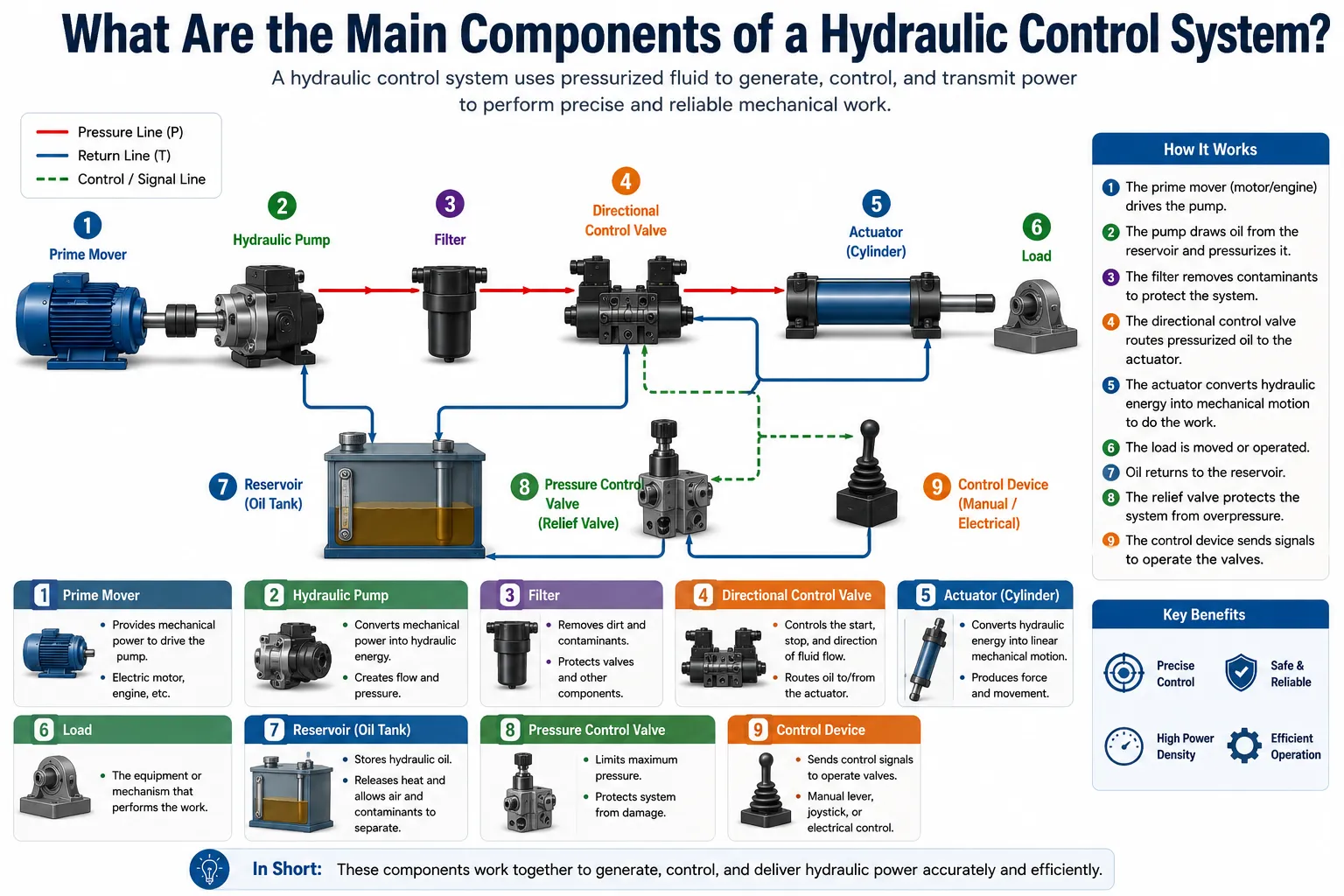 Hydraulic control system components diagram showing pump, oil reservoir, filter, directional control valve, actuator cylinder, pressure relief valve, and control device for industrial hydraulic applications.