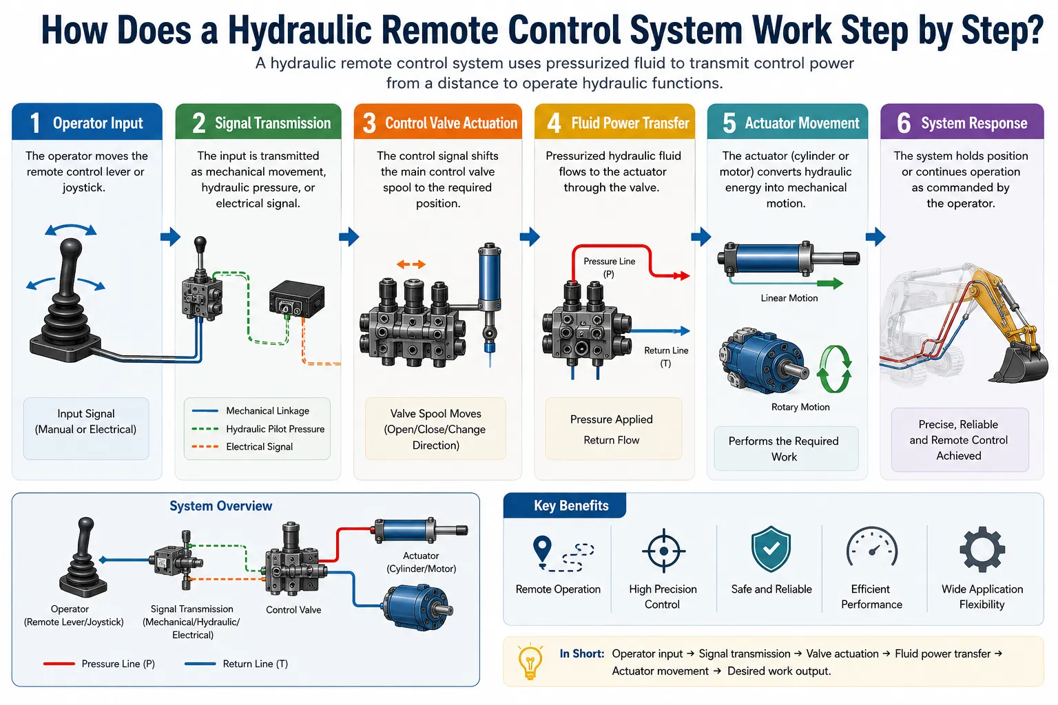 Hydraulic remote control system workflow showing operator input, signal transmission, control valve actuation, hydraulic fluid power transfer, actuator movement, and machine operation.