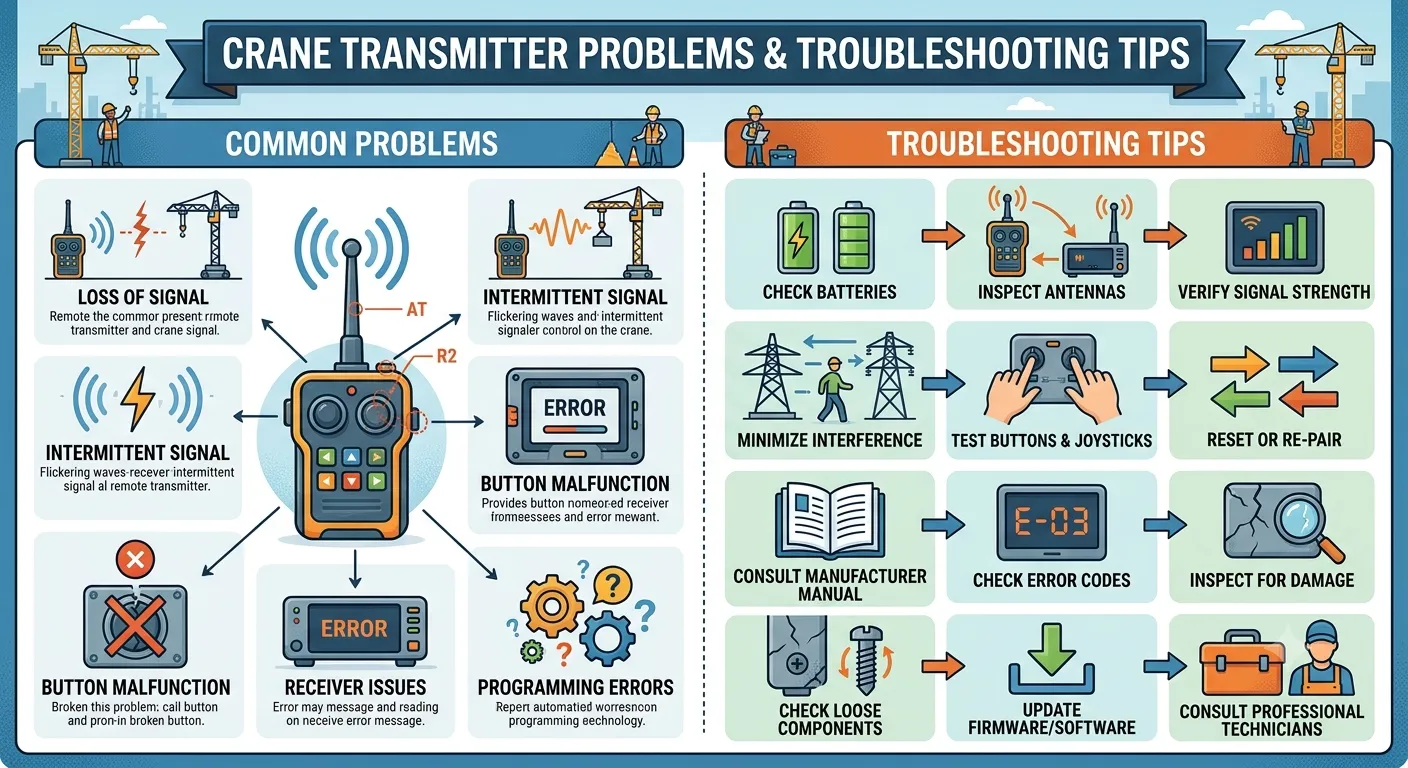 An infographic illustrating common crane transmitter problems and troubleshooting tips.