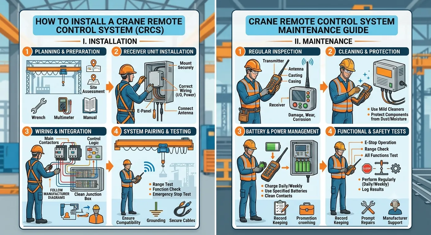 Infographic on how to install and maintain a crane remote control system.